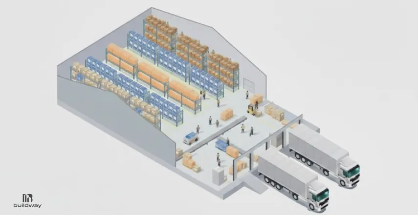 Before You Price a Steel Warehouse Building in 2026, Read This 4 3D cutaway illustration of a warehouse with shelving racks, workers, forklifts, and two loading trucks at dock doors.