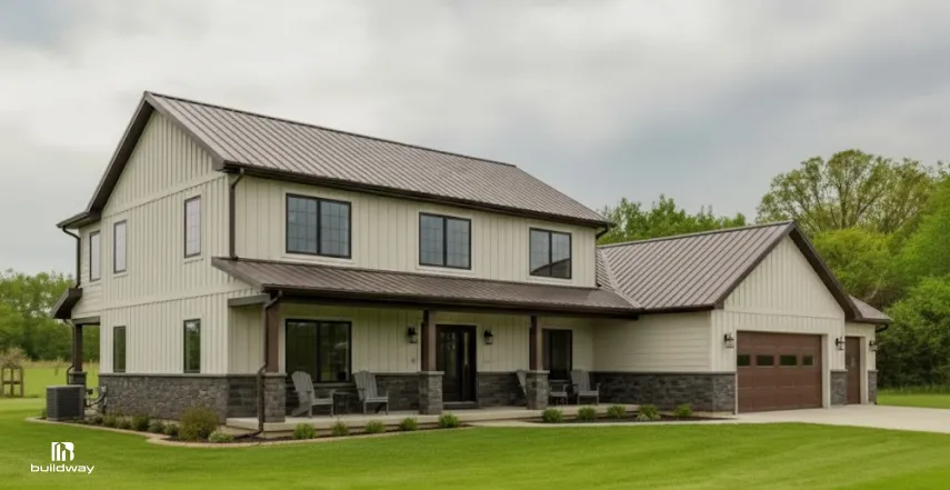 Barndominium-style steel building with a pitched metal roof, residential windows, covered front porch, and attached garage on a landscaped lot.