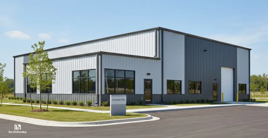 Pre-engineered metal building with a modern industrial design, large windows, and a tall overhead door, set on a paved lot with landscaping.