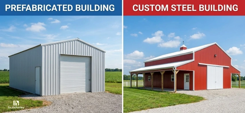 Why Your Steel Building Cost Is Higher Than Expected? (Full Breakdown With Hidden Fees) 1 Side-by-side comparison of a prefabricated metal building and a custom steel barn-style building, showing differences in design and finish.