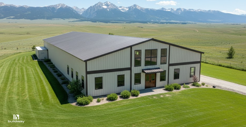 Choosing the Wrong Steel Building Foundation Can Cost You Thousands. Here's How to Get It Right. 6 Large rural steel building with a strong foundation set against an open field and mountain backdrop, ideal for agricultural use.
