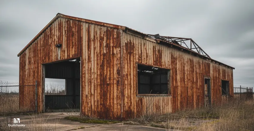 Abandoned steel building with severe rust and corrosion covering the exterior panels.