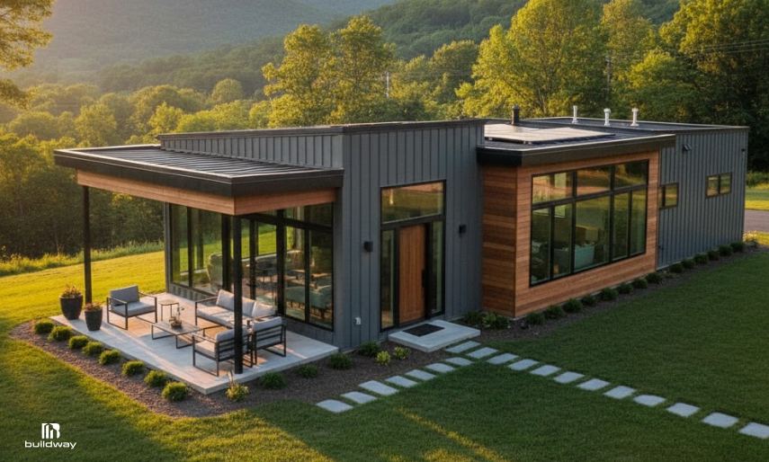 Metal vs Wood Buildings: What Fails First? 4 Modern metal and wood panel home with large windows and outdoor seating, set in a lush green landscape with mountains in the background.