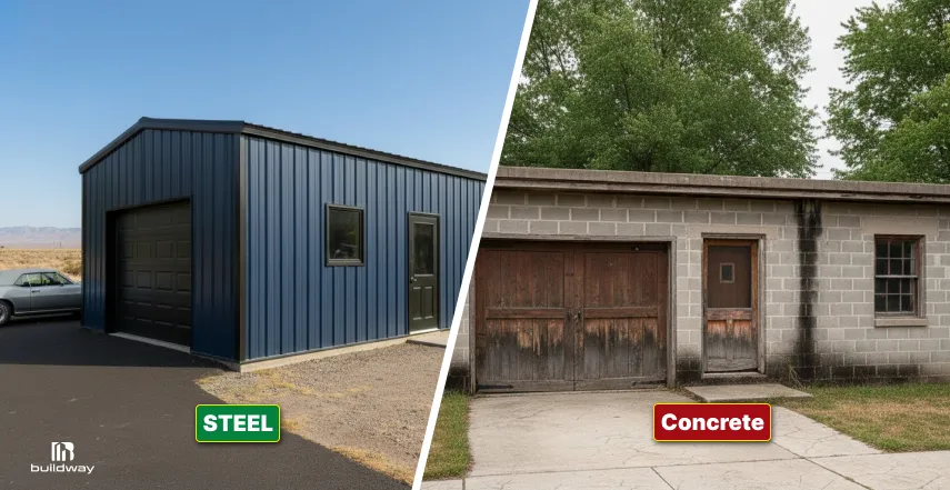 Side-by-side image comparing a modern steel building with an aging concrete garage showing wear and discoloration.