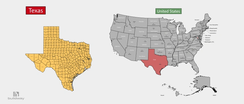 Which States Does Have the Toughest Building Codes in the US for Steel Buildings? 4 Side-by-side maps of Texas and the United States, with Texas highlighted, used to emphasize Texas in comparison to other U.S. states.