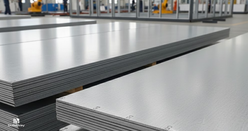 Metal Building Trends 2026: The Surprising Design & Material Shifts You Can’t Ignore 3 Close-up view of stacked steel sheets inside a manufacturing facility, ready for use in prefabricated building construction.