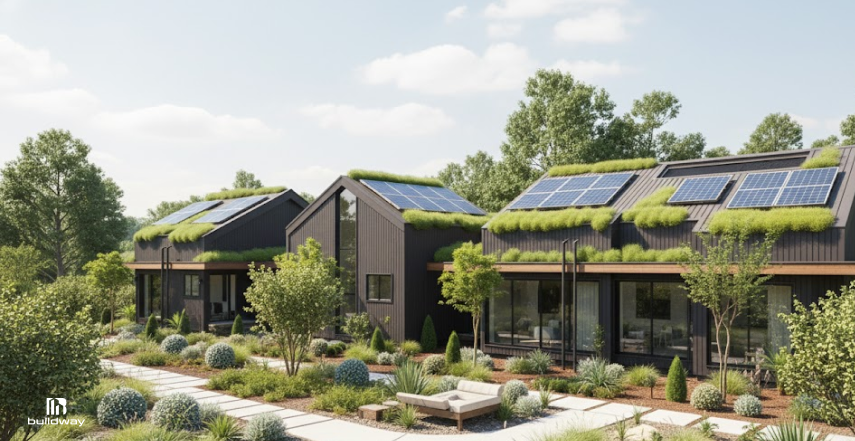 Metal Building Trends 2026: The Surprising Design & Material Shifts You Can’t Ignore 5 Modern eco-friendly homes featuring solar panels and green roofs, surrounded by sustainable landscaping and trees in a residential community setting.