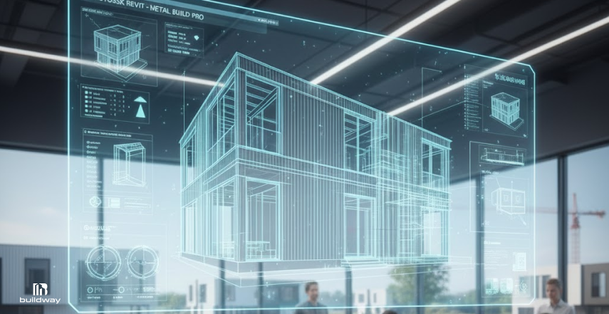 Metal Building Trends 2026: The Surprising Design & Material Shifts You Can’t Ignore 8 Futuristic architectural design interface displaying a 3D holographic model of a modern prefabricated building, inside a high-tech office with people collaborating in the background.