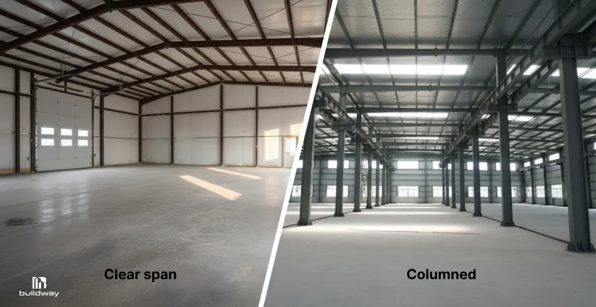 The Truth About Clear Span Steel Buildings Most Contractors Skip 2 Side-by-side comparison of a clear span building with an open interior and a columned steel building with multiple support beams throughout the space.