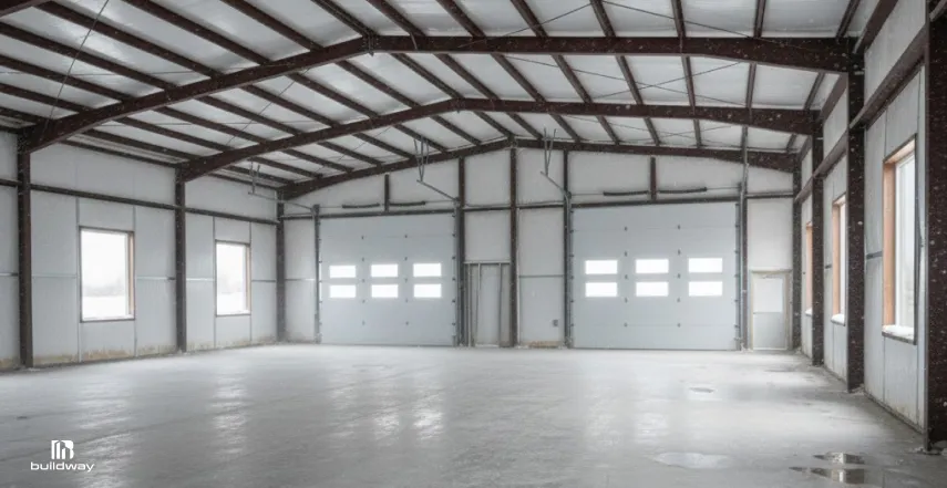 The Truth About Clear Span Steel Buildings Most Contractors Skip 1 Interior view of an empty steel building with high ceilings, exposed beams, multiple garage doors, and concrete flooring.