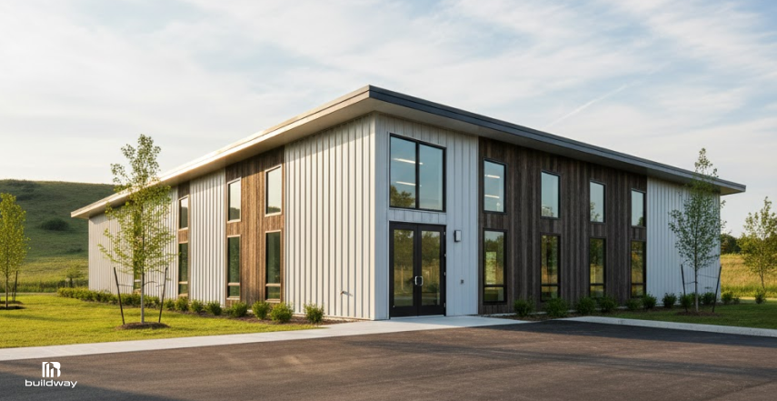 Are Cold-Formed Steel Buildings Still Worth It in 2026? Costs, Spans, Uses 2 “Modern cold-formed steel building with metal panel cladding, large windows, and a low-slope roof used for a commercial or office application.