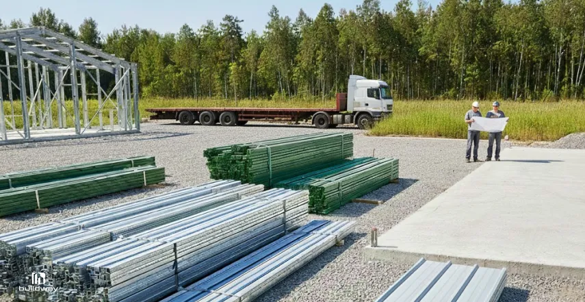 DIY Metal Building Kits: How Much Can You Really Save? 2 Construction site with stacked metal building materials, a partially assembled steel frame, and two workers reviewing blueprints near a flatbed truck, set against a backdrop of trees.