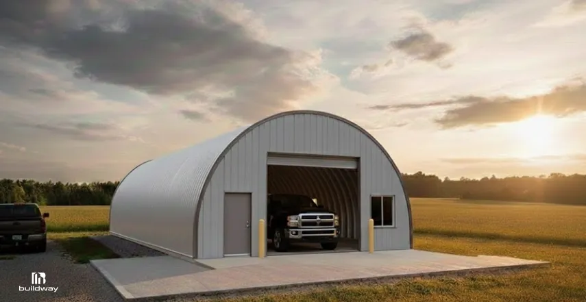 Thinking About Quonset Buildings? Facts, Myths, and Real-World Uses 1 A metal arched garage building in a rural field at sunset, with a large pickup truck parked inside and a gravel driveway beside it.