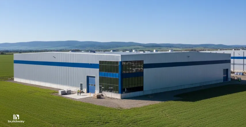Before You Price a Steel Warehouse Building in 2026, Read This 1 Modern industrial warehouse building with reflective glass corner windows and blue accent stripes, situated in a green open field with distant mountains in the background.
