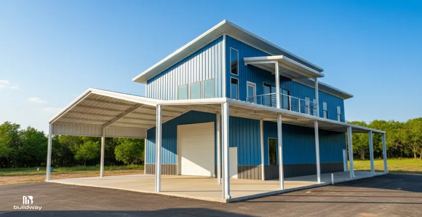 The Real Reason I-Beam Steel Buildings Handle 200-Foot Spans Without Columns 2 Modern blue metal building with a covered carport and second-floor balcony, surrounded by trees under a clear blue sky.