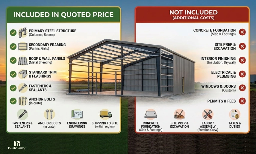 Metal building cost breakdown chart showing what's included in the quoted price and what's not.