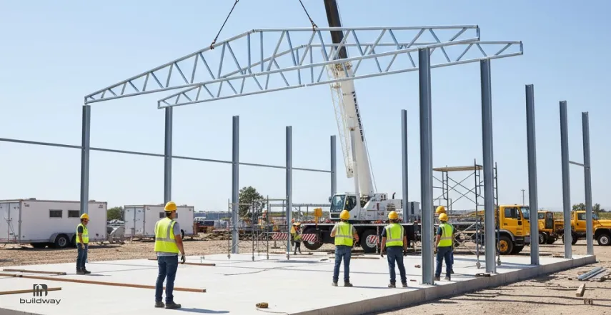 DIY Metal Building Kits: How Much Can You Really Save? 6 Construction crew guiding a crane as it lifts a steel roof truss into place on a metal building frame, with workers in safety gear standing on a concrete slab at a job site.
