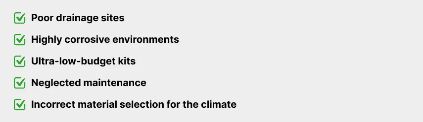 Checklist highlighting conditions that increase durability risks for steel buildings, including poor drainage, corrosive environments, low-quality kits, and neglected maintenance.