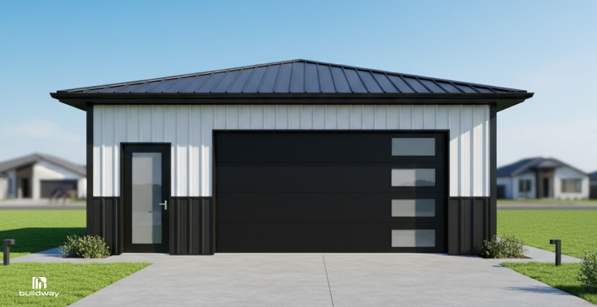 Metal Building Trends 2026: The Surprising Design & Material Shifts You Can’t Ignore 2 Modern prefabricated steel building with a black metal roof, large garage door, and minimalistic design, representing emerging Metal Building Trends 2026 in residential construction.