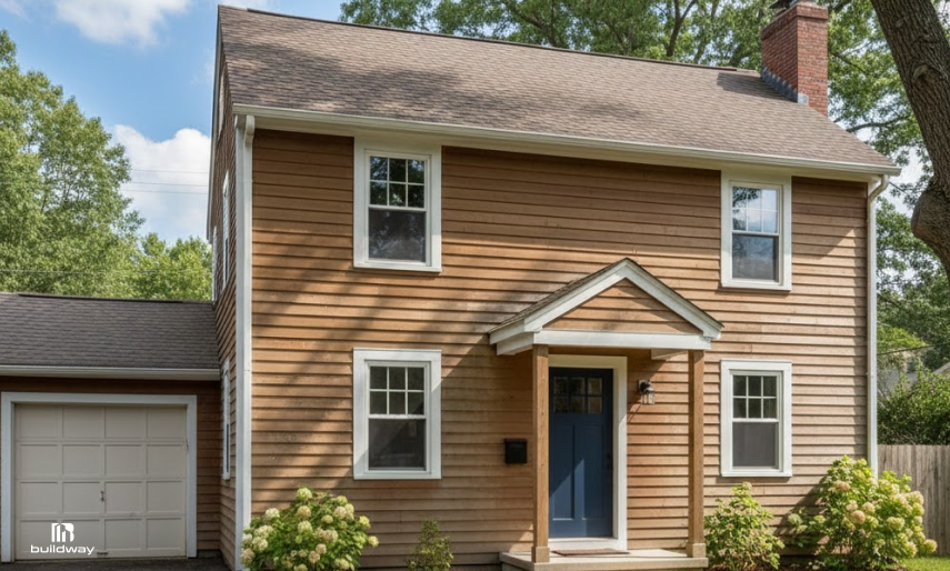 Metal vs Wood Buildings: What Fails First? 5 Traditional two-story wood-clad house with blue front door, gable porch, attached garage, and surrounding greenery.