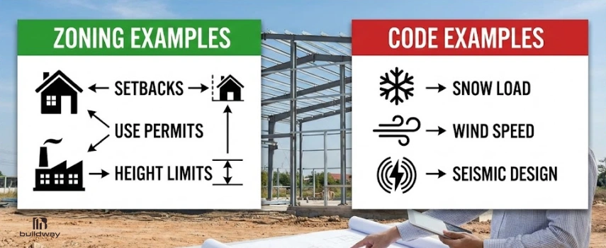 How to Choose Metal Building Size Without Overpaying or Running Out of Space 4 Graphic showing zoning and code examples for metal buildings, including setbacks, use permits, height limits, snow load, wind speed, and seismic design requirements.