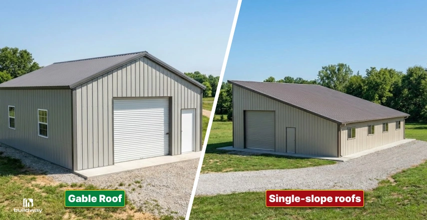 How to Choose Metal Building Size Without Overpaying or Running Out of Space 2 Side-by-side comparison of a gable roof and a single-slope roof on two metal buildings, highlighting differences in roof design and drainage.