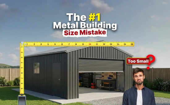 Home 32 Visual example of the most common mistake when choosing metal building size, highlighting a garage that's too small with a frustrated man and measuring tape overlay.