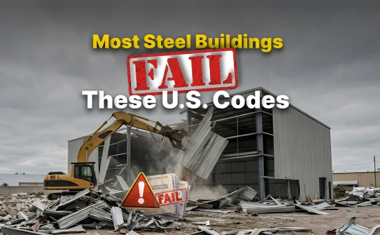 A steel building being demolished by an excavator with debris scattered around, highlighting that most steel buildings fail U.S. codes, emphasizing why one should ask which state does have the toughest building codes in US.