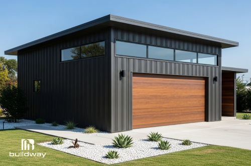 Modern residential metal garage with a sleek black exterior and wooden door, built by Buildway. Designed for style, durability, and everyday convenience.