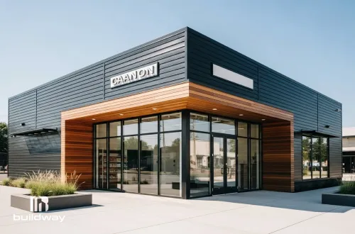 Modern commercial building with glass walls and wood panel accents, built by Buildway. Perfect for offices, retail, or small business spaces.